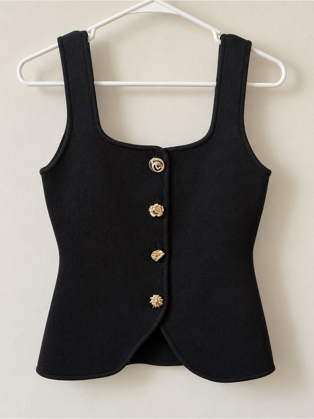 Black Sleeveless Knit Tank Top with Gold Accent Buttons